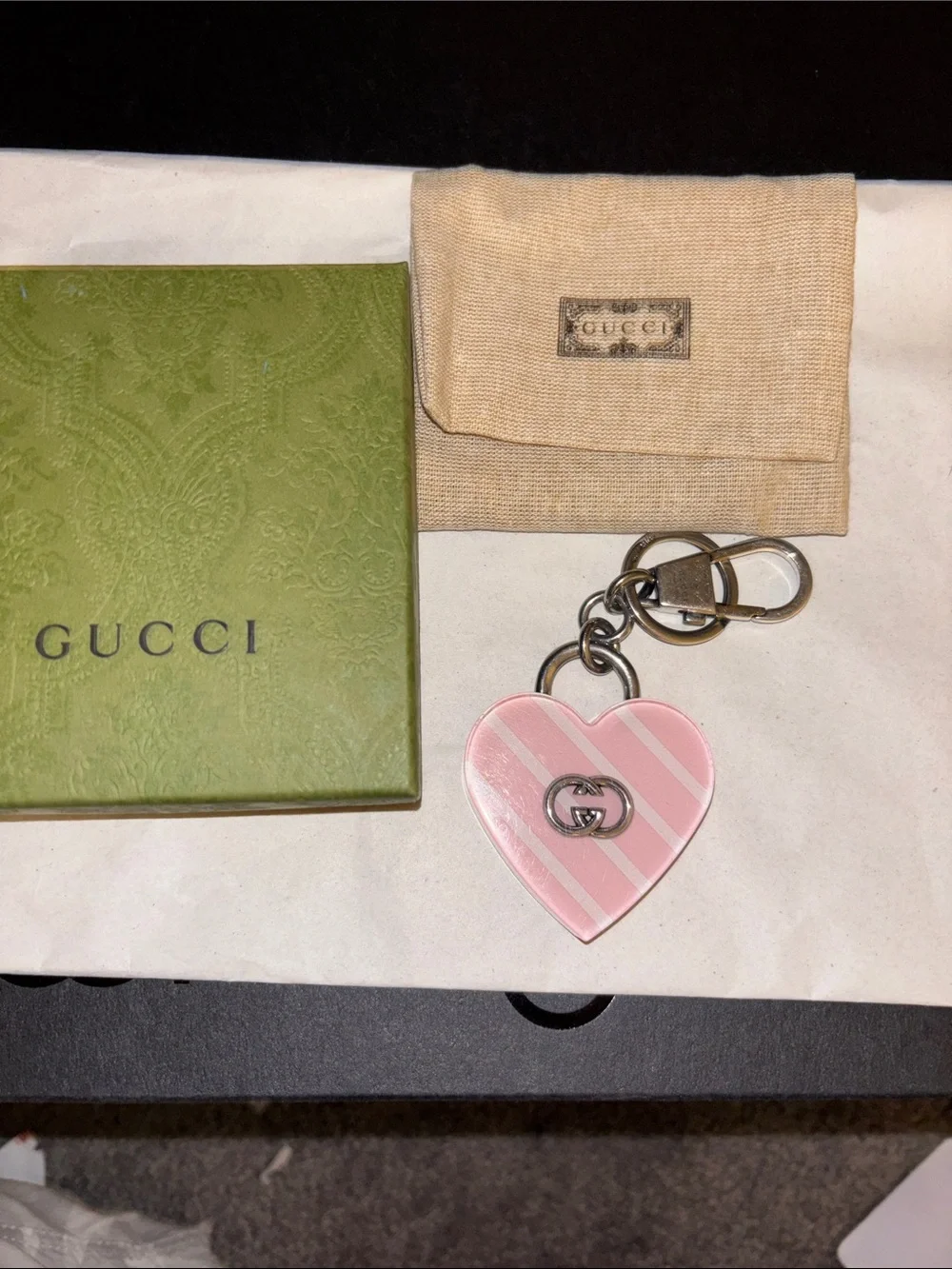 Gucci Pink Striped Heart Keyring with Interlocking GG